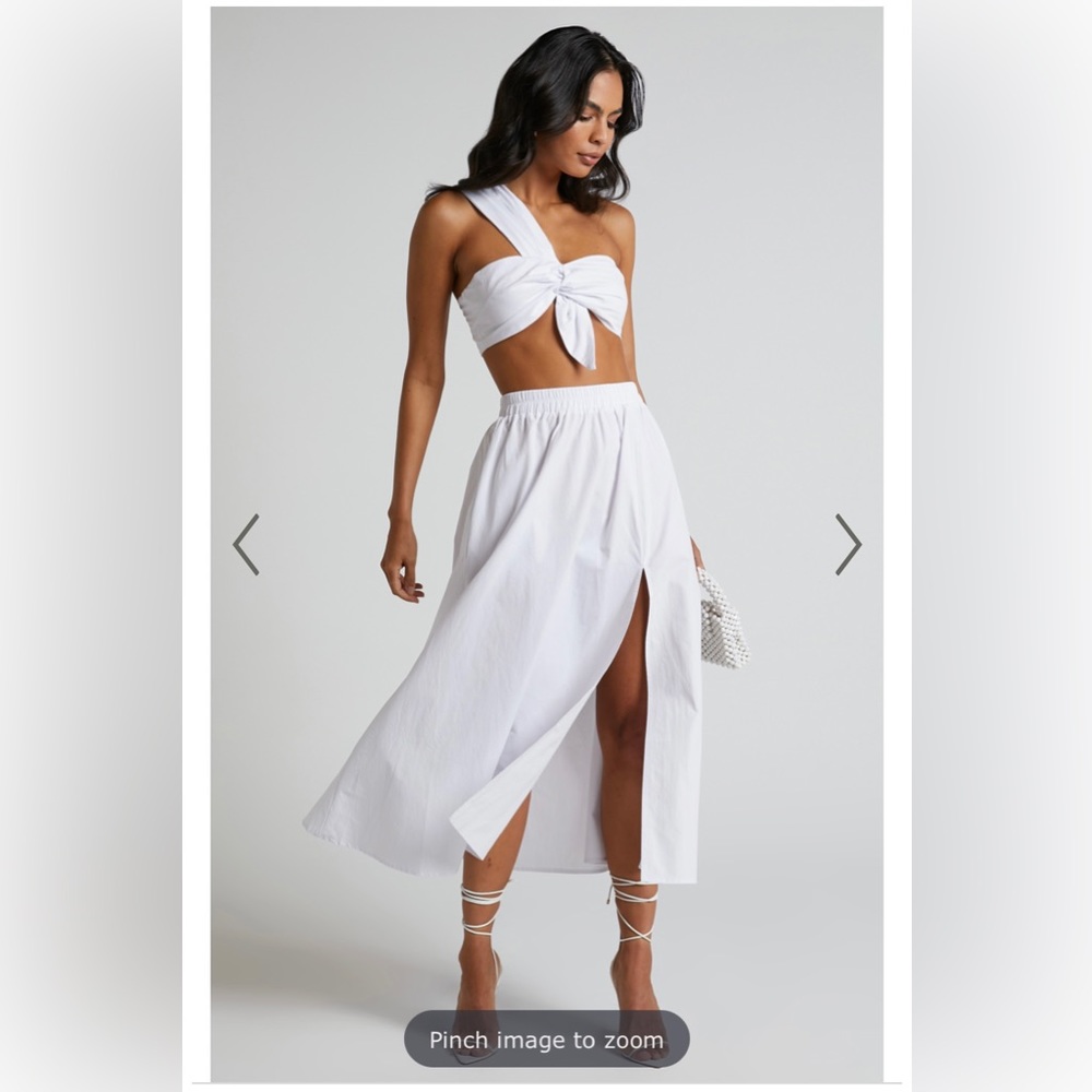 Showpo SULA TWO PIECE SET ONE SHOULDER BRALETTE CROP TOP AND MIDI SKIRT IN WHITE